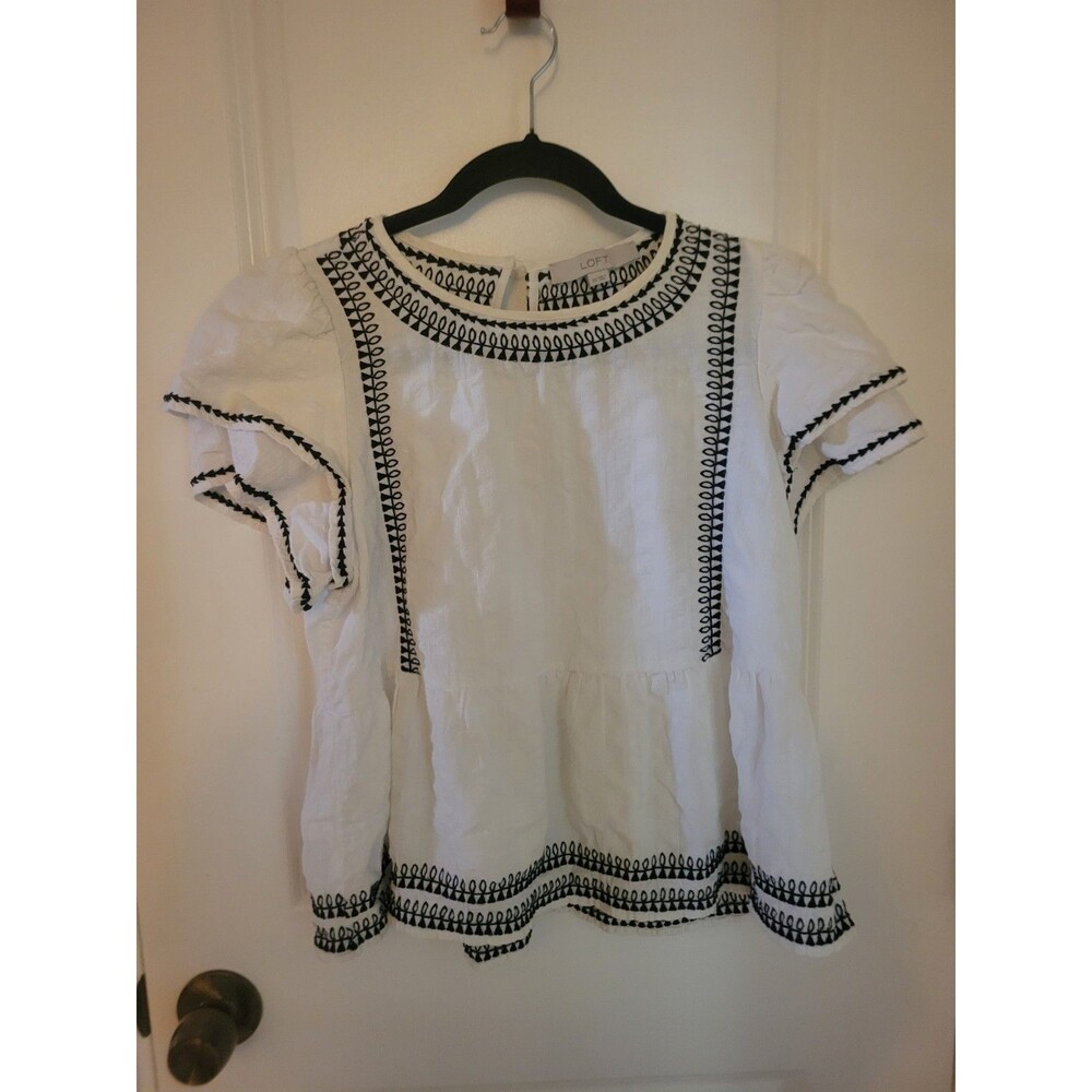 LOFT White Summer Boho Blouse W Black Embroidery
